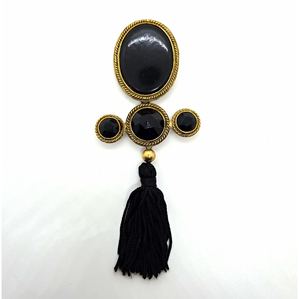 Vintage Carol Dauplaise Black Oval Tassel Brooch Pin Gold Tone Signed 5.5"
